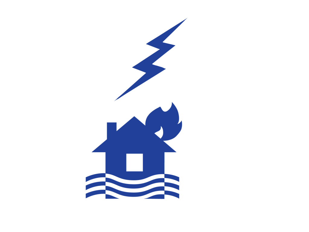 Icon of house in flood on fire in a storm - this guide is for emergencies such as floods, storms and bushfires.