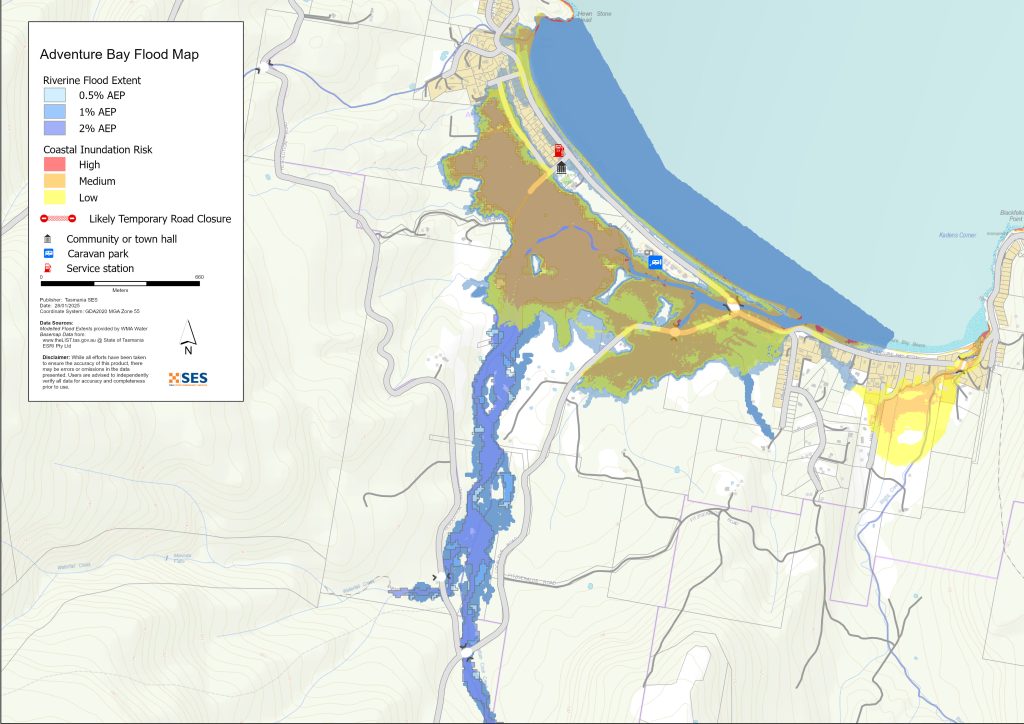 Adventure Bay flood map also showing coastal inundation risks around Captain Cook's Creek and areas to the south