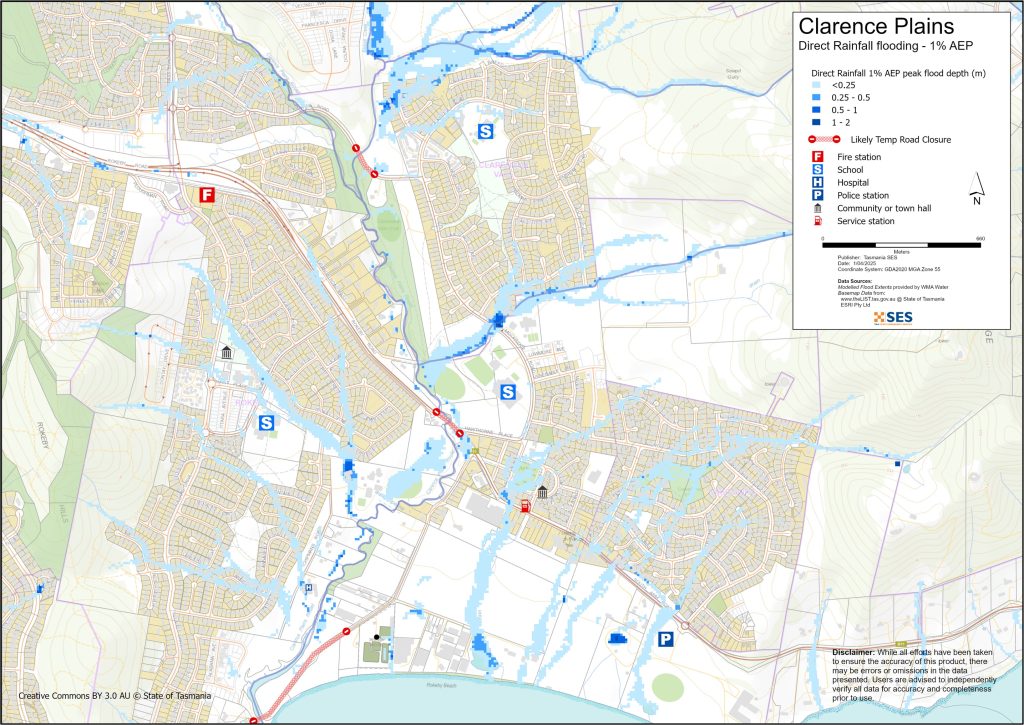 Clarence Plains Direct rainfall flood map