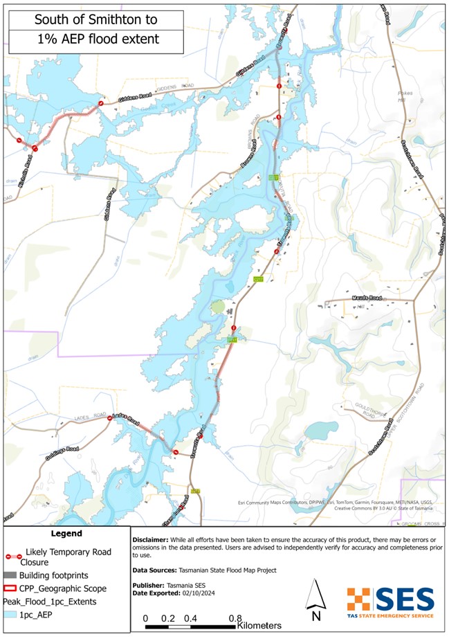 South og Smithton to Scotchtown flood map