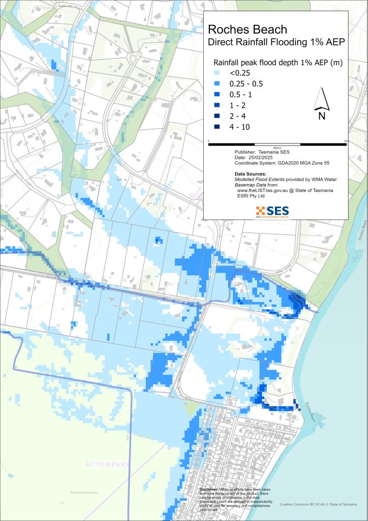 Roches Beach flood map - direct rainfall