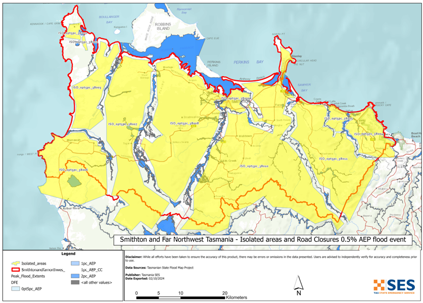 Smithton and far NW 0.5% AEP flood map with potentially isolated areas