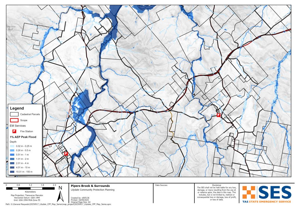 Pipers Brook and surrounds flood map