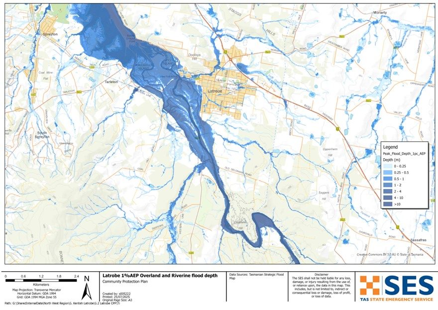 Latrobe 1% AEP mapped Overland flow and Riverine flood depth