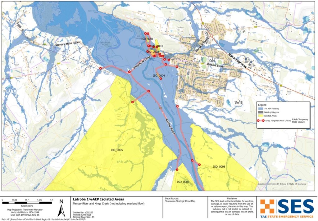 Latrobe 1% AEP flood map and areas likely to be isolated during a major flood event