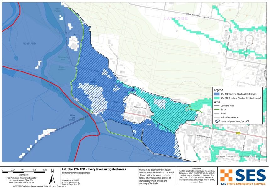 Latrobe levee protected area flood map 1% AEP