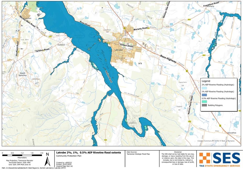 Latrobe flood map showing 2% AEP, 1% AEP and 0.5% AEP.