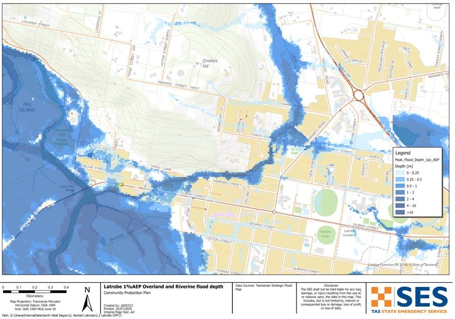 West Latrobe flood map 1% AEP riverine an overland flow