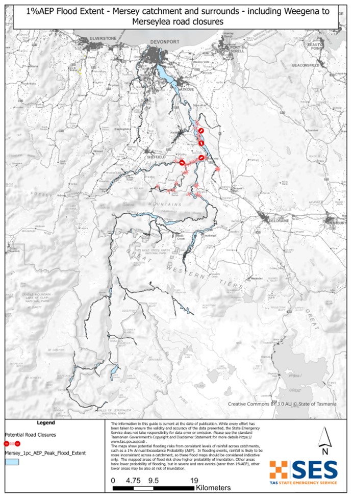 Mersey catchment and surrounds flood map including Weegena to Mersey Lea road closures