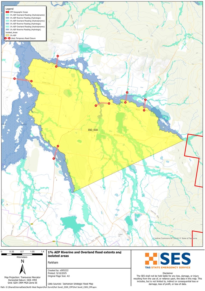 Parkham flood map 1% AEP showing potential isolated areas in a major flood event
