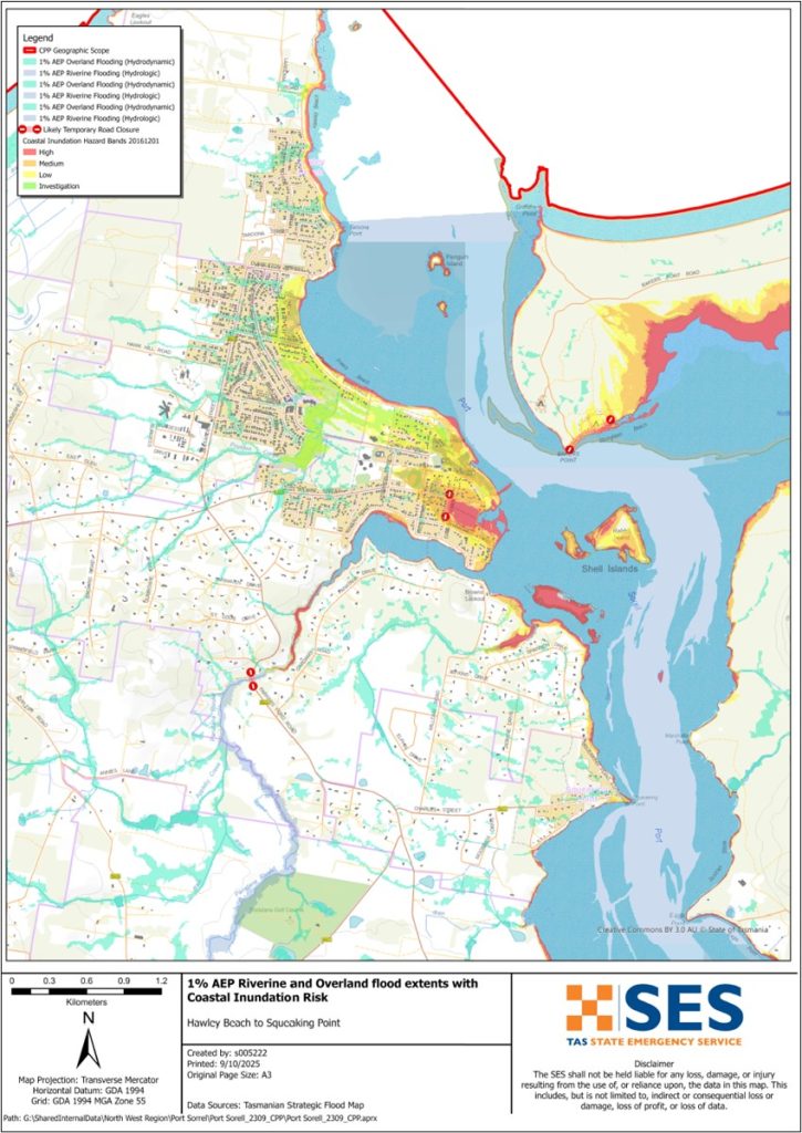 Port Sorell and surrounds flood map 1% AEP