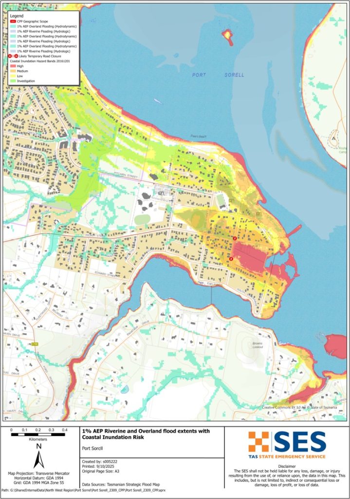 Port Sorell flood map showing riverine, overland flow and coastal inundation flood risks 1% AEP