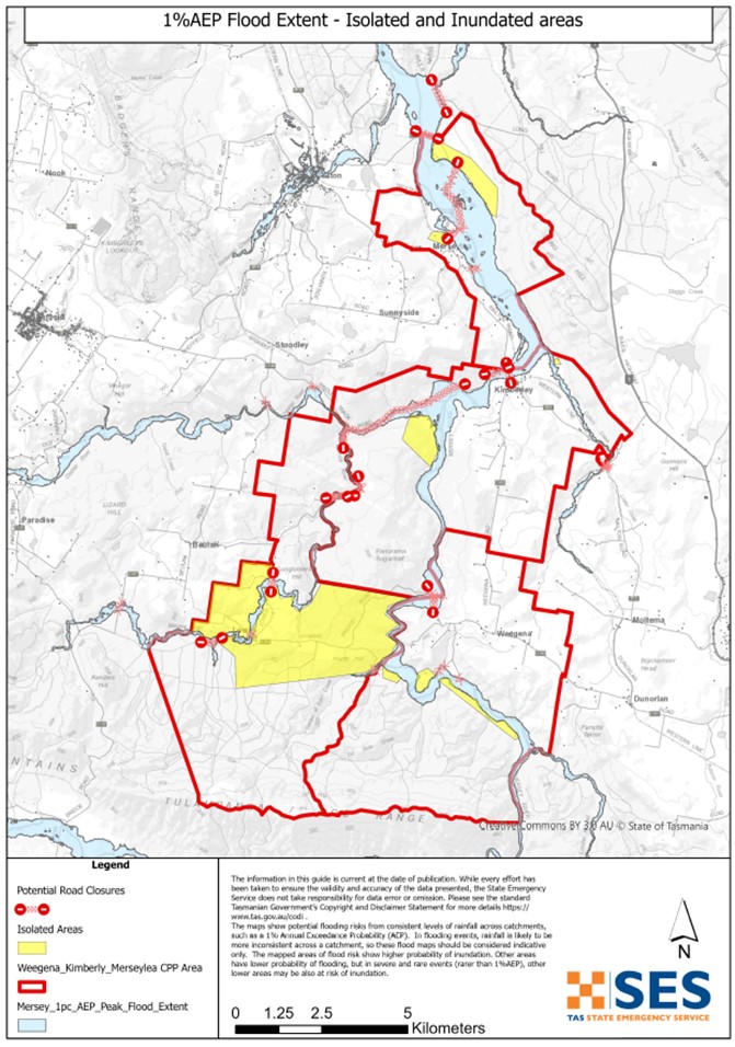 Weegena to Merseylea flood map 1% AEP showing areas of potential isolation during major flood events