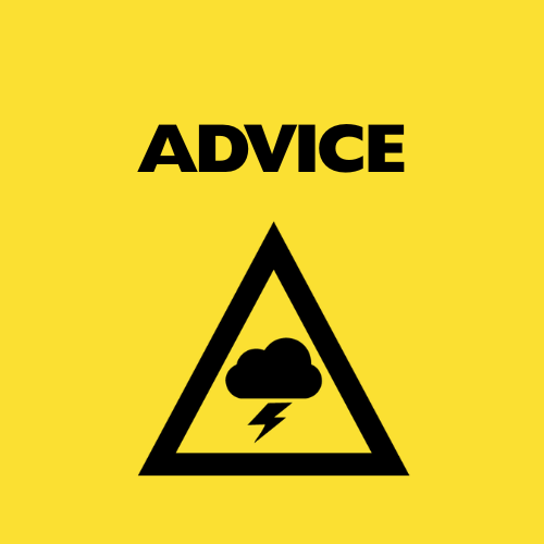 Yellow Storm Advice Icon showing a storm cloud in a triangle with the word Advice