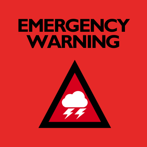 Red Storm Emergency Warning Icon showing a storm cloud in a triangle with the word Emergency 