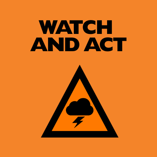 Orange Storm Watch & Act Icon showing a storm cloud in a triangle with the words Watch & Act