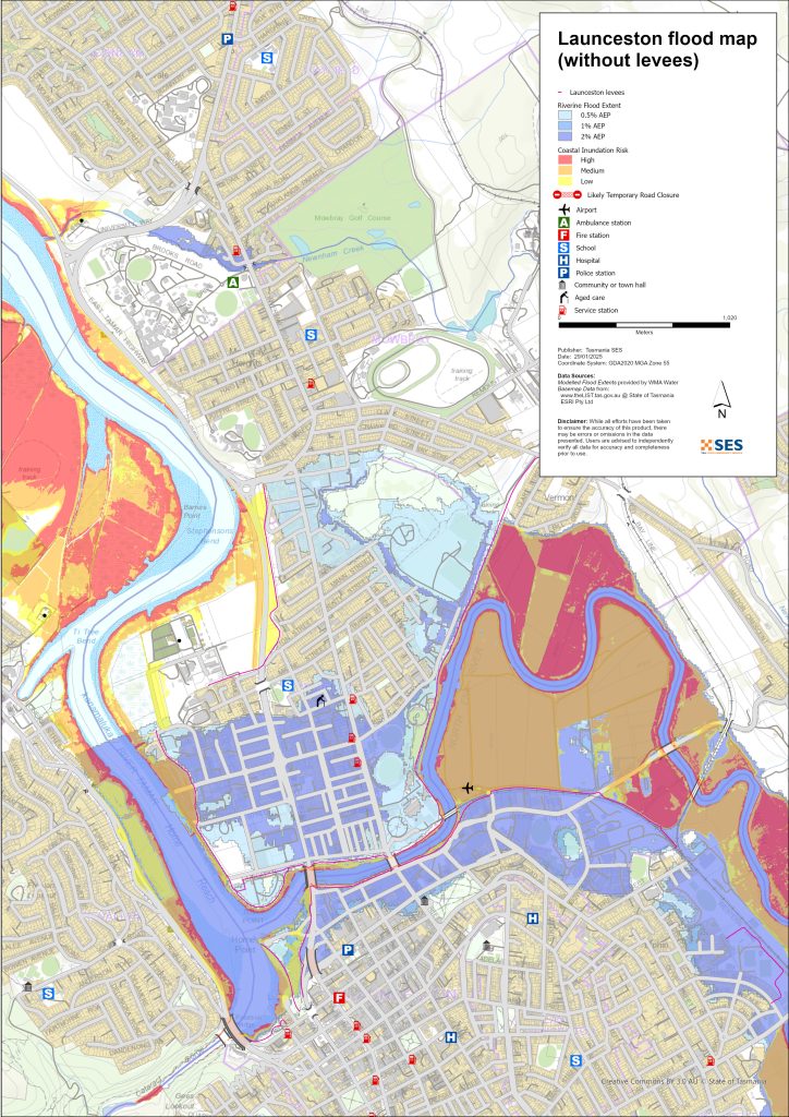 Launceston flood map without levee protection, including coastal inundation