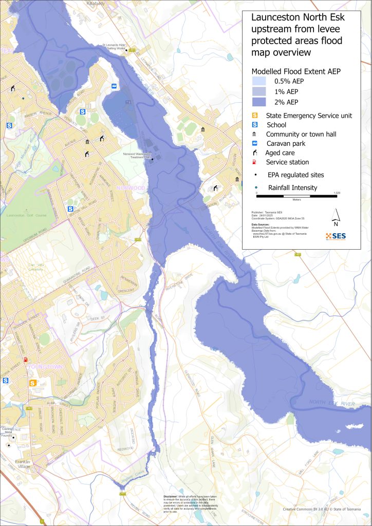 Launceston North Esk upstream from levee protected area flood map overview